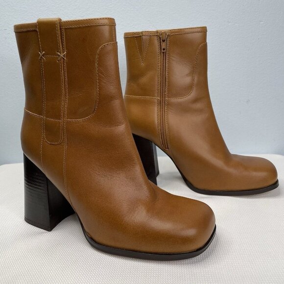 FREE PEOPLE Naomi Ankle Boot 8 Brown Leather Square Toe Boho Bootie - Picture 1 of 9